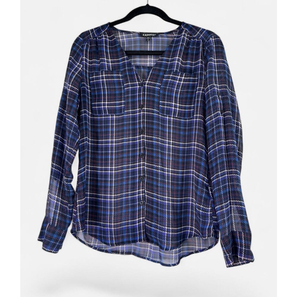 Express Women Sheer Top Blue Plaid Size S Long Sleeve College Lightweight Preppy